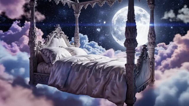 Dreamy Floating Bed in a Cosmic Sky - This surreal video features an ornate, four-poster bed suspended among fluffy clouds set against a starry night sky.