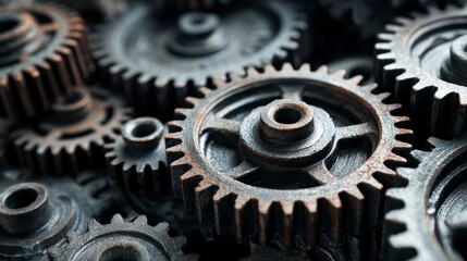 Close-up of intertwined metal gears creating a complex, intricate mechanical composition, showcasing interconnectedness and industry's machinery
