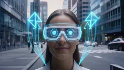 A beautiful young woman with retro hair and a fun smile looks through binoculars at the city city while wearing fashion goggles - Powered by Adobe