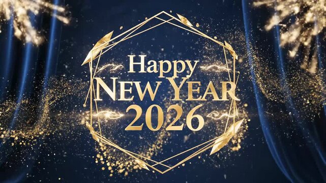 Elegant New Year Announcement 2026 - This video features a celebratory design for New Year's 2026, with golden text that reads "Happy New Year 2026" set against a dark, shimmering background.