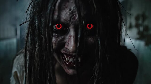 Demonic Possession - A disturbing close-up depicts a female figure with pale skin, disheveled hair with twigs, and glowing red eyes.