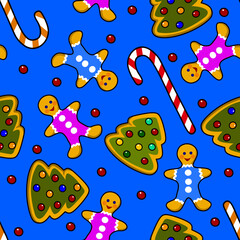 A seamless New Year's pattern with gingerbread men, cookies, and candies on a blue background. Suitable for decorating fabric, wrapping paper, wallpaper, and more.

