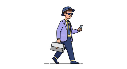 Stylish businessman walking while checking phone with briefcase