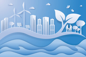 Green City and alternative renewable energy.ESG as environmental social and governance concept.Paper art Vector illustration.