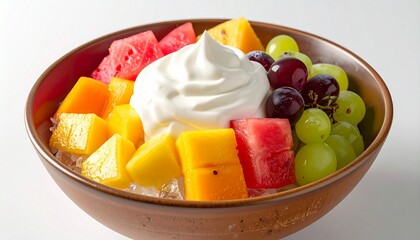  fresh fruit ice, filled with colorful pieces of fruit such as watermelon, melon, papaya