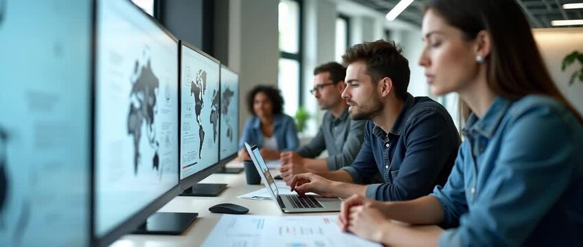 Collaborative team analyzing digital data on multiple screens in a modern office, with steady camera tracking and ambient lighting creating a professional, cinematic atmosphere.