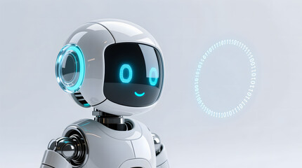 AI Data Processing, a sleek, futuristic AI robot analyzing a glowing spiral of binary code, symbolizing the core function of computing and data interpretation.