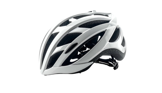 Angled shot of a white and black cycling helmet, isolated on a black background