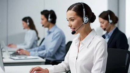 Smiling woman wearing headset works at computer in office call center - Powered by Adobe