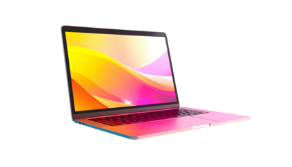A modern laptop with an abstract colorful waves display, angled, and isolated on black