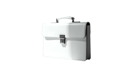 Shiny, white briefcase with handle, clasp, and strong lighting against black background