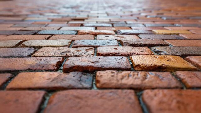 Wet brick cobblestone ground, low angle close-up of red and brown textured bricks with water droplets, providing a perfect urban architectural background.