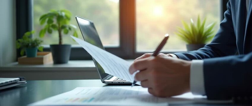 Business professional reviews documents in a sunlit office, pen moving across papers as camera gently pans, capturing ambient plant motion; cinematic and focused on productivity and finance.