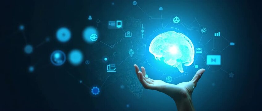 A hand gently rises below a glowing digital brain, as the camera slowly pans across a futuristic, technology-driven network in a cinematic style, emphasizing innovation and connectivity.