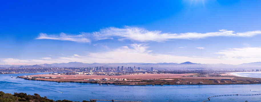 Downtown San Diego cityscape and the bay with boats