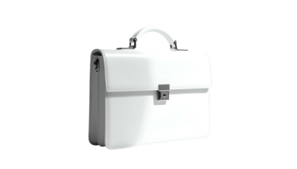 A white, glossy briefcase with a handle and metallic clasp, isolated on a black background