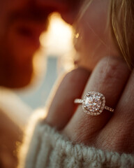 Close up photo of a woman hugging a man and showing off her engagement ring. Engaged couple in love.