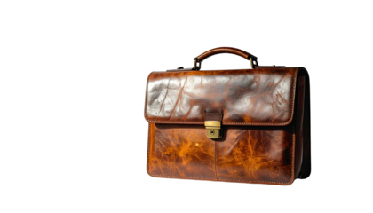 A vintage, distressed leather briefcase casts a shadow against a black background