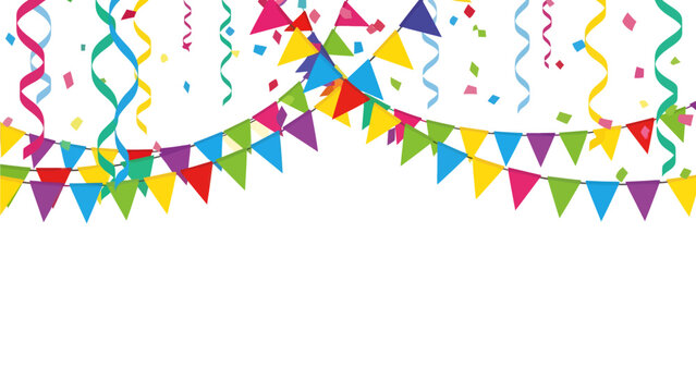 Vibrant triangular bunting drapes across the top of a crisp white background, mingled with curling streamers and scattered confetti to create a cheerful celebration scene perfect for any party event