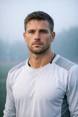 Fototapeta premium Handsome Man in White Athletic Shirt Looking Forward, Misty Morning Outdoor Portrait