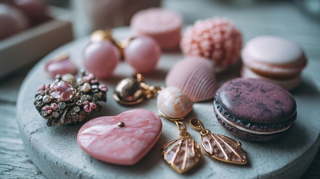 A collection of pink-themed accessories and treats displayed on a gray plate, showcasing elegance and charm.