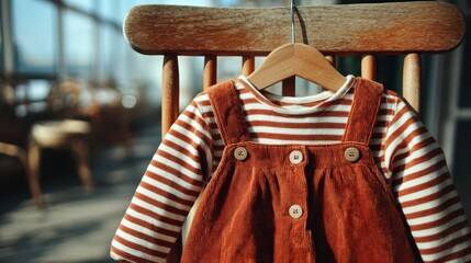 A cute children's outfit hangs on a wooden chair, featuring a striped shirt and corduroy overalls, with a warm, inviting background.