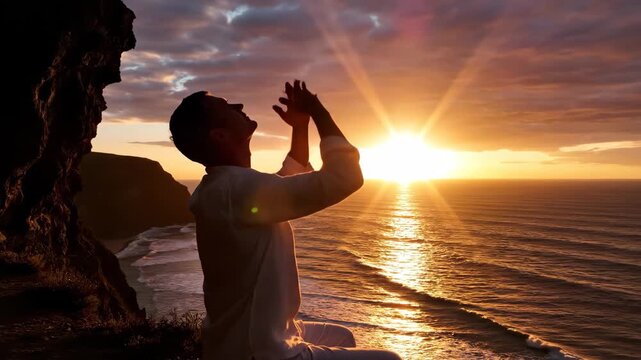 Serene Sunset Meditation by the Ocean - A silhouette of a person in a white outfit sits on a rocky outcrop, raising their hands towards the sky as the sun sets over a calm ocean.
