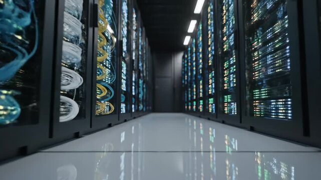High-Tech Data Center Corridor - A sleek and modern view of a data center corridor, lined with server racks illuminated by vibrant LED lights.