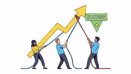 Fototapeta premium Illustration of three people pulling ropes attached to a rising yellow graph with an upward arrow and a green success flag on a white background.