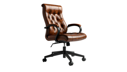 A detailed image of a brown, tufted leather office chair with armrests and a black base