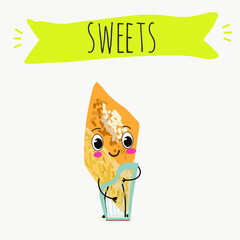 Funny Characters lokma, tulumba. Turkish,  Eastern sweets. Hand drawn vector illustration.