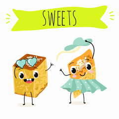 Funny Characters lokma, tulumba. Turkish,  Eastern sweets. Hand drawn vector illustration.