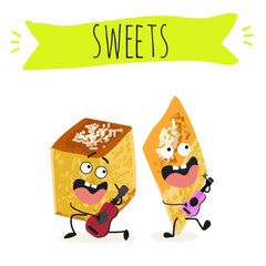 Funny Characters lokma, tulumba. Turkish,  Eastern sweets. Hand drawn vector illustration.