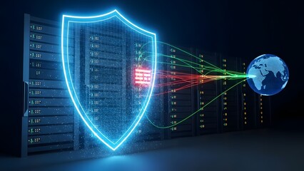 A glowing digital shield protecting a row of network servers in a data center, symbolizing advanced firewall protection and enterprise cloud security.