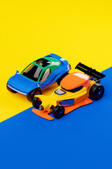 3D illustration featuring a  bright SUV in Biggie-inspired style and a sporty 80s-style car, both set against a bright, colorful background