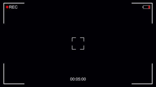 Recording screen overlay with view finder, battery icon, red rec light, and digital timer on transparent background. 4K video