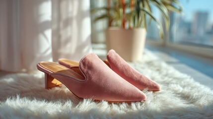 Stylish pink mules rest on a plush rug, illuminated by soft sunlight, evoking a cozy atmosphere and chic fashion statement.