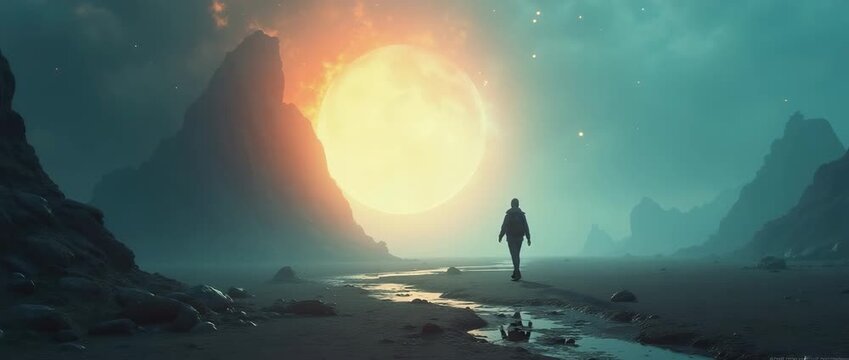 A lone adventurer walks slowly through a surreal landscape, the camera pans gently, capturing the glowing sun setting behind distant mountains, with a cinematic, dreamlike ambiance.
