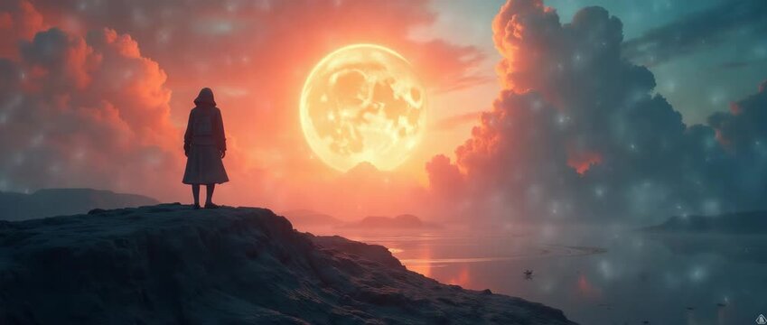 A lone figure stands on a rocky cliff as a massive full moon rises over a serene sea, clouds gently drifting; the camera slowly pans, capturing this cinematic, surreal landscape.