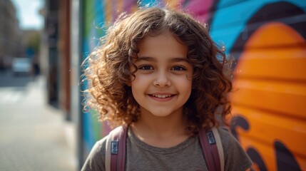 Young girl smiling in front of graffiti wall