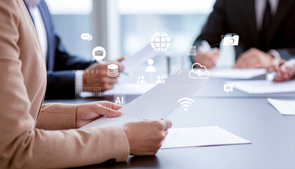 最先端テクノロジーとアナログが共存する現代ビジネスのイメージ