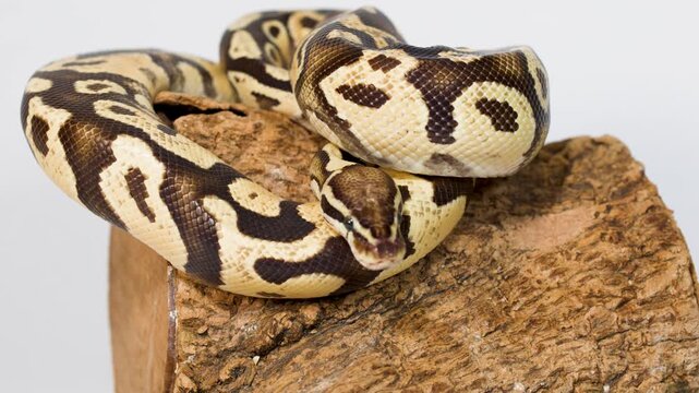 Ball Python Slowly Moving While Coiled On Wooden Log
