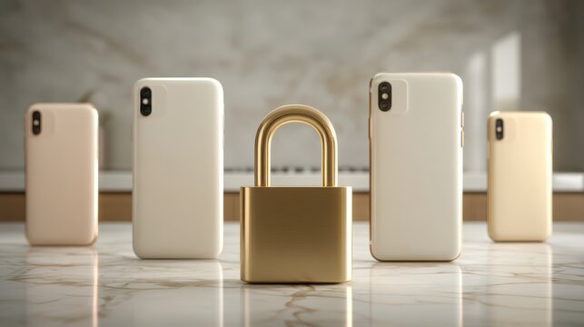 A group of smartphones in neutral tones surrounds a golden padlock, symbolizing security and protection in technology. - Powered by Adobe
