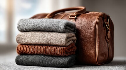 A stylish leather bag accompanied by neatly folded sweaters, showcasing a cozy and organized travel aesthetic.