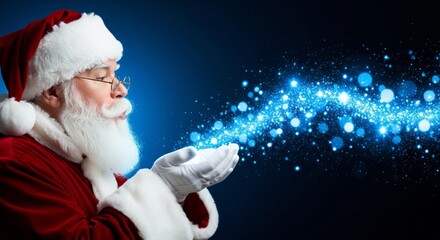 Santa Claus blowing magical blue sparkles on a dark background with bokeh lights.