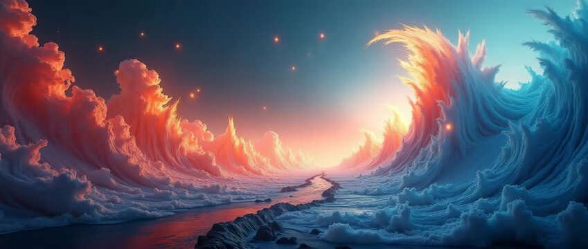 Cinematic fantasy landscape where vibrant waves of fire and ice swirl majestically; camera slowly pans along the surreal horizon as ethereal lights flicker in the twilight sky.