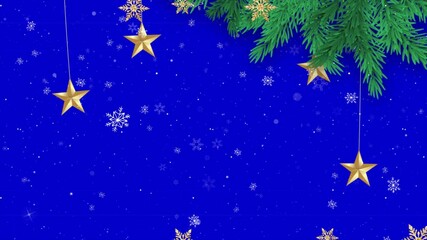 Christmas background blue festive holiday season celebration decoration winter snowfall golden stars pine branch border design greeting card template