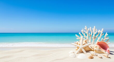 Serene tropical beach with seashells and coral under blue sky.