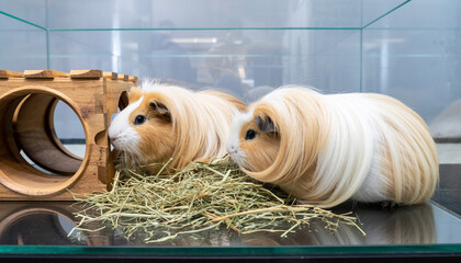 Two guinea pigs eating hay in a glass enclosure from a side view