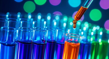 Scientific experiment with colorful liquids in laboratory test tubes and pipette.